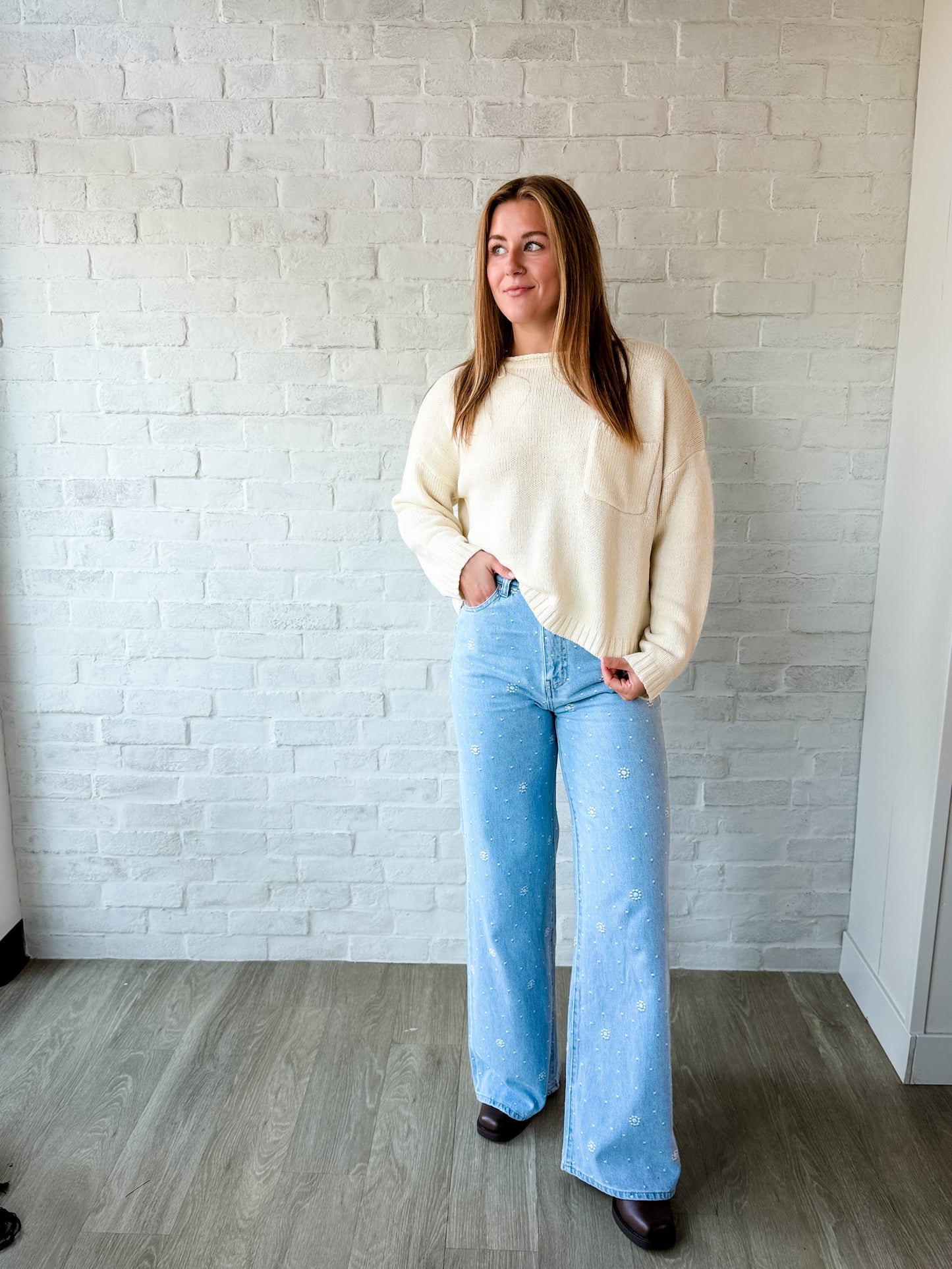 Cream Drop Shoulder Pocket Sweater