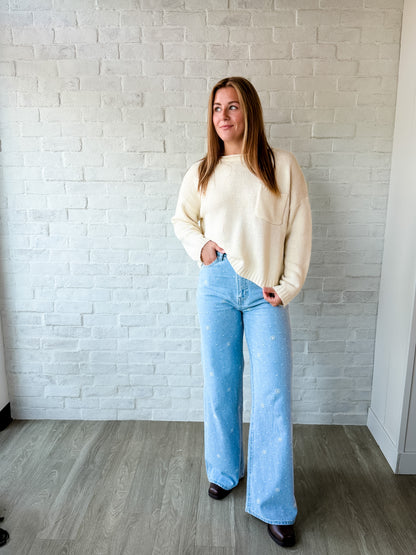 Cream Drop Shoulder Pocket Sweater