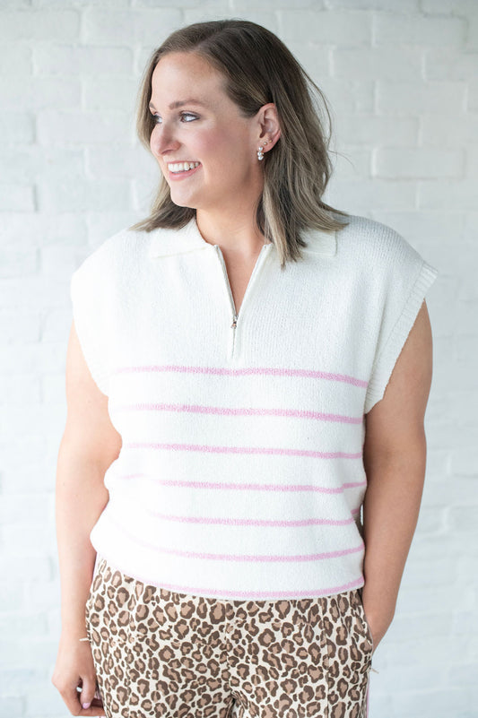 Cream & Pink Stripe Zip Top