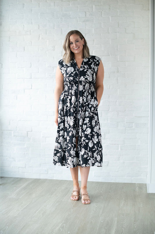 Black Floral Zip Midi Dress