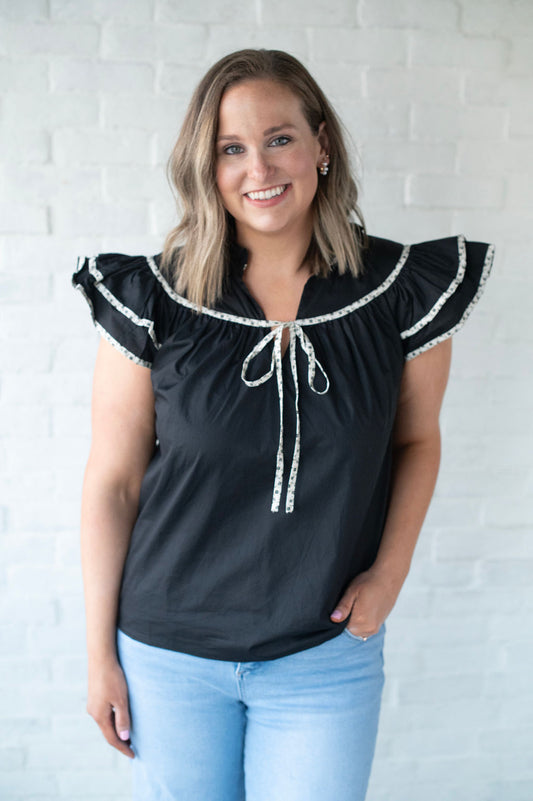 Black Printed Ruffle Sleeve Top