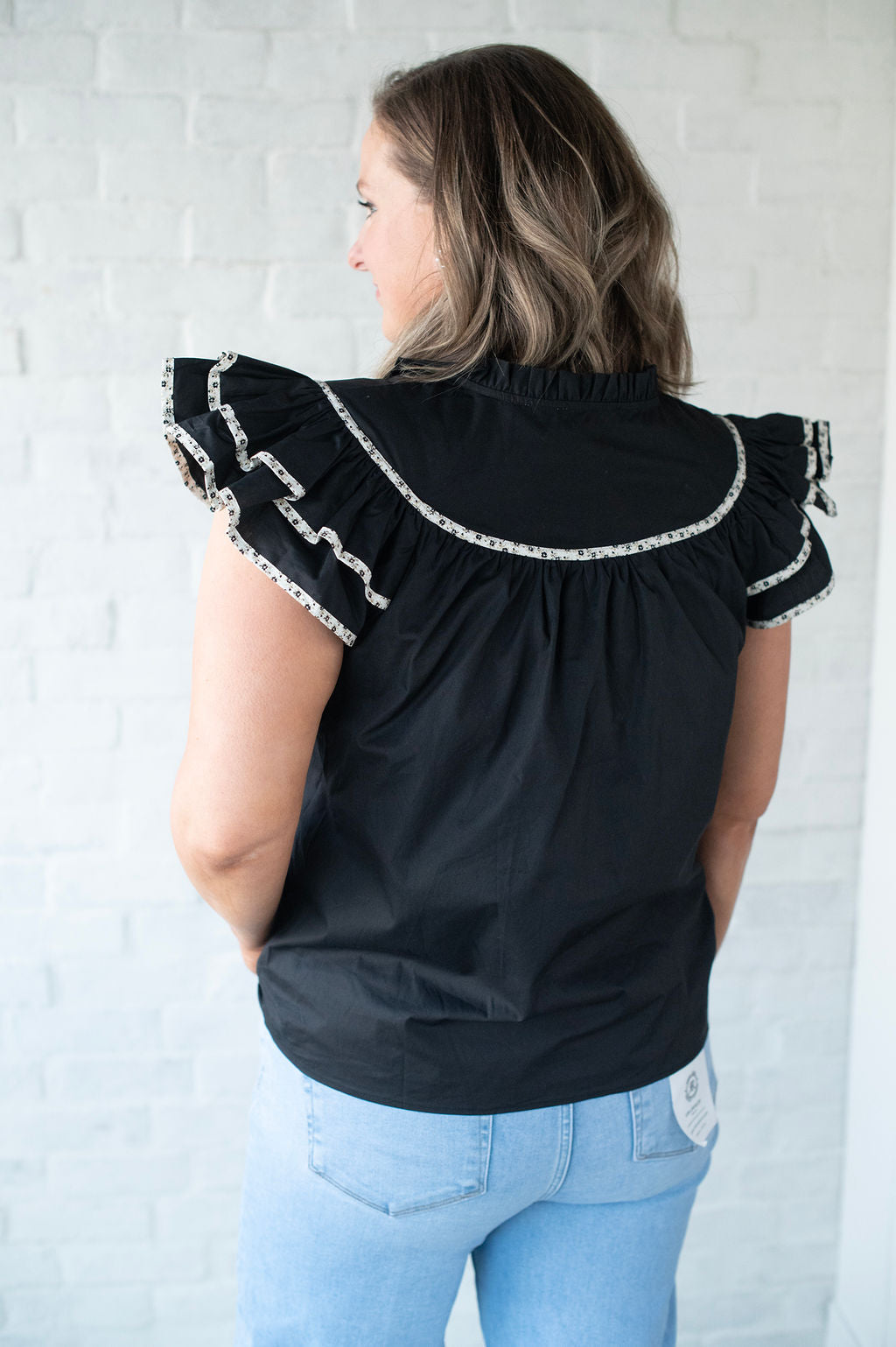 Black Printed Ruffle Sleeve Top