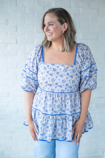 Blue Floral Tiered Blouse