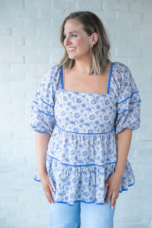 Blue Floral Tiered Blouse
