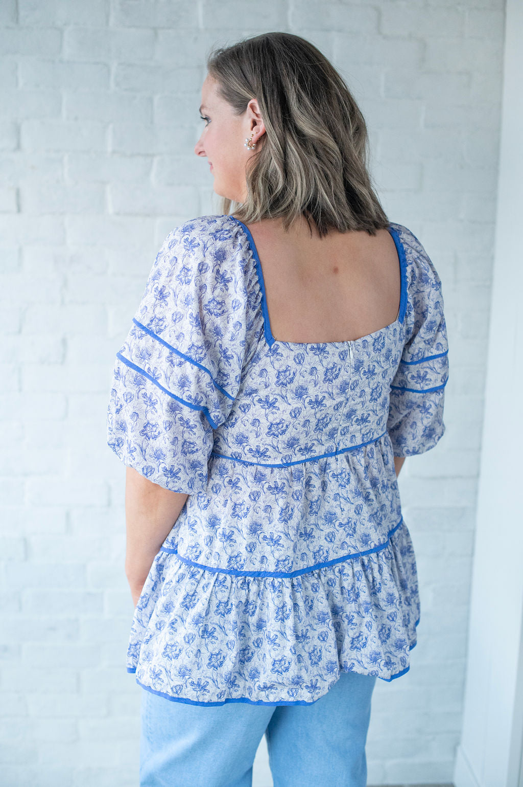 Blue Floral Tiered Blouse