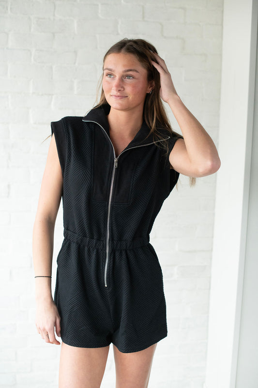 Black Textured Zip Romper