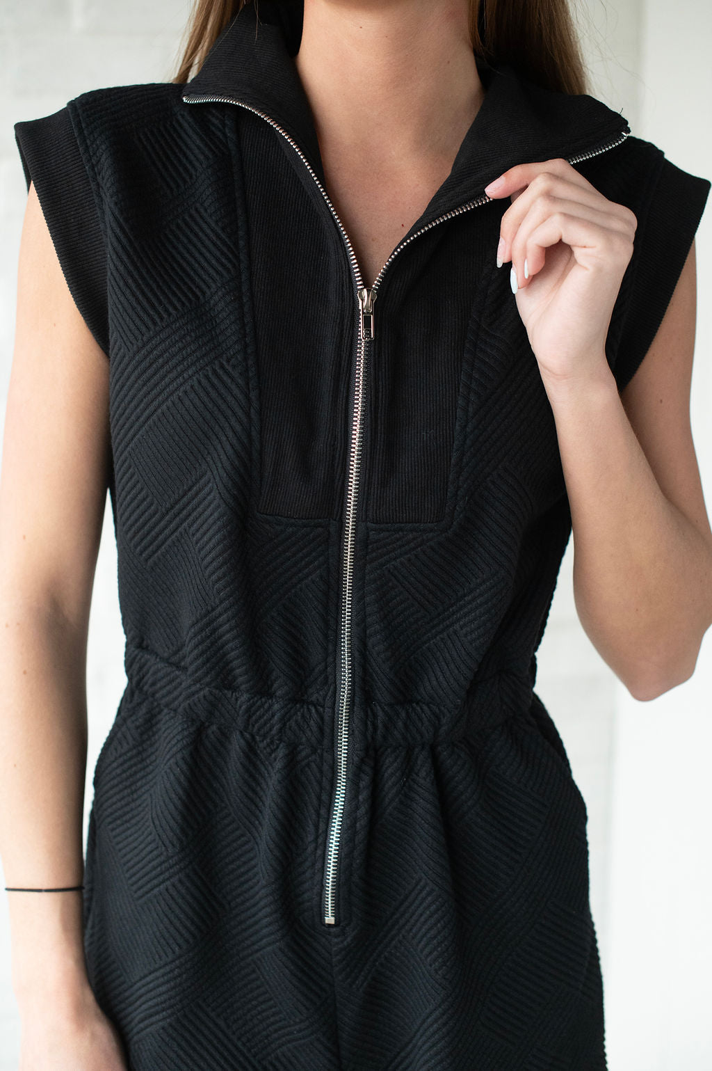 Black Textured Zip Romper