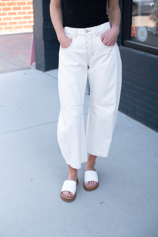 Cream Barrel Leg Jeans