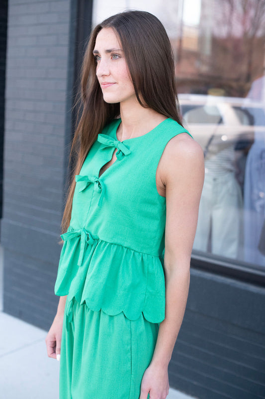 Green Bow Scalloped Blouse