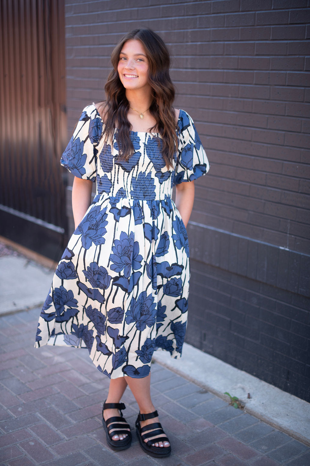 Blue Floral Smocked Midi Dress
