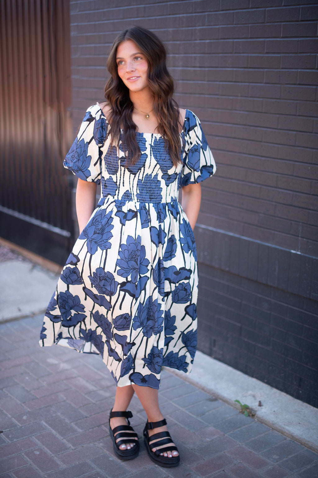 Blue Floral Smocked Midi Dress