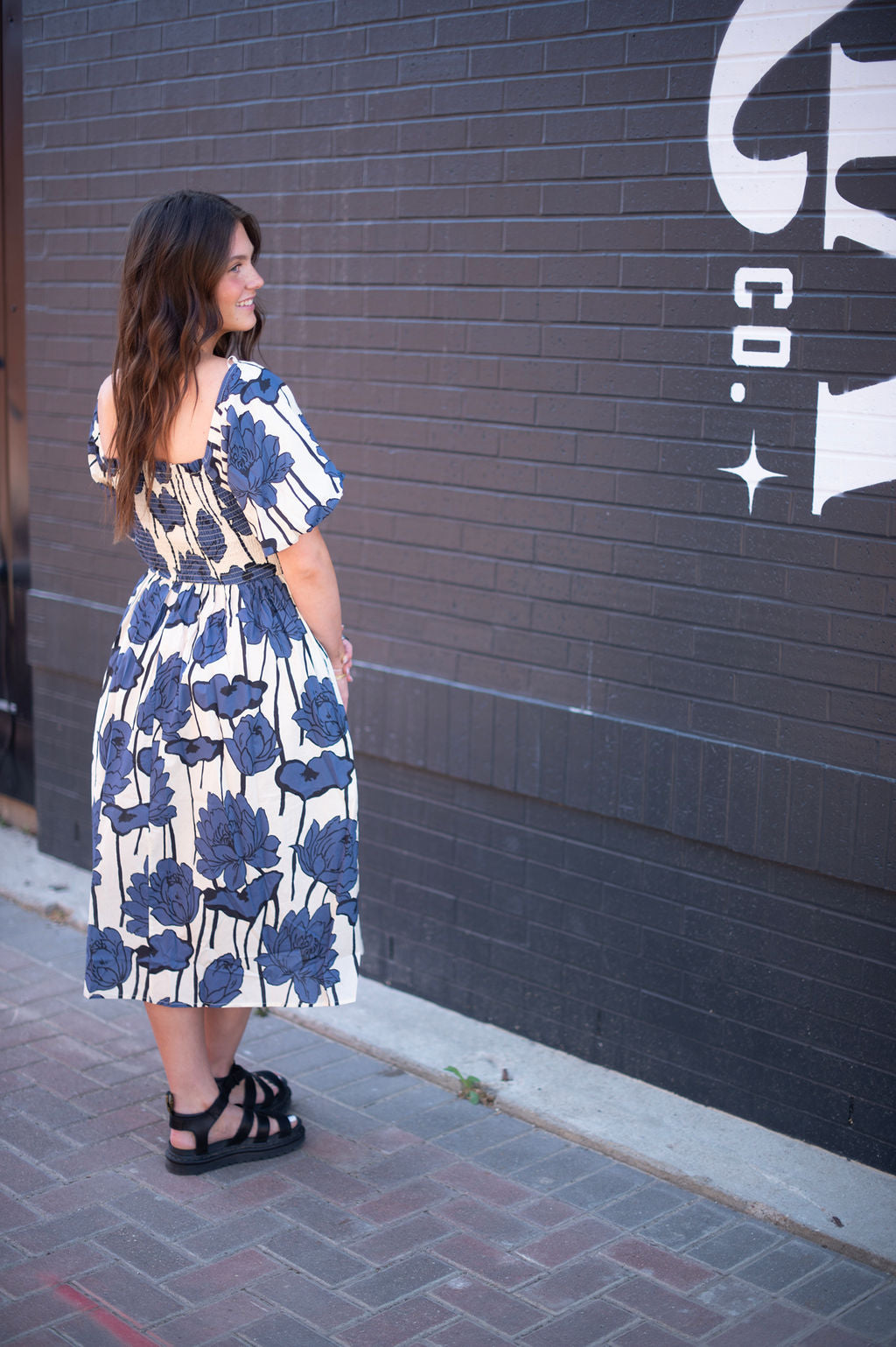 Blue Floral Smocked Midi Dress
