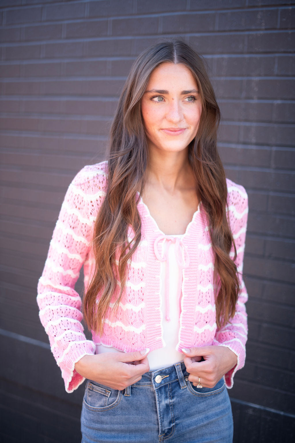 Pink + White Stripe Crochet Cardigan