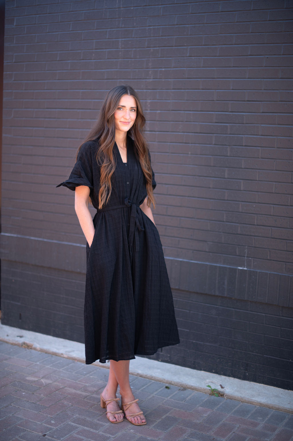 Black Elbow Sleeve Gauze Midi Dress