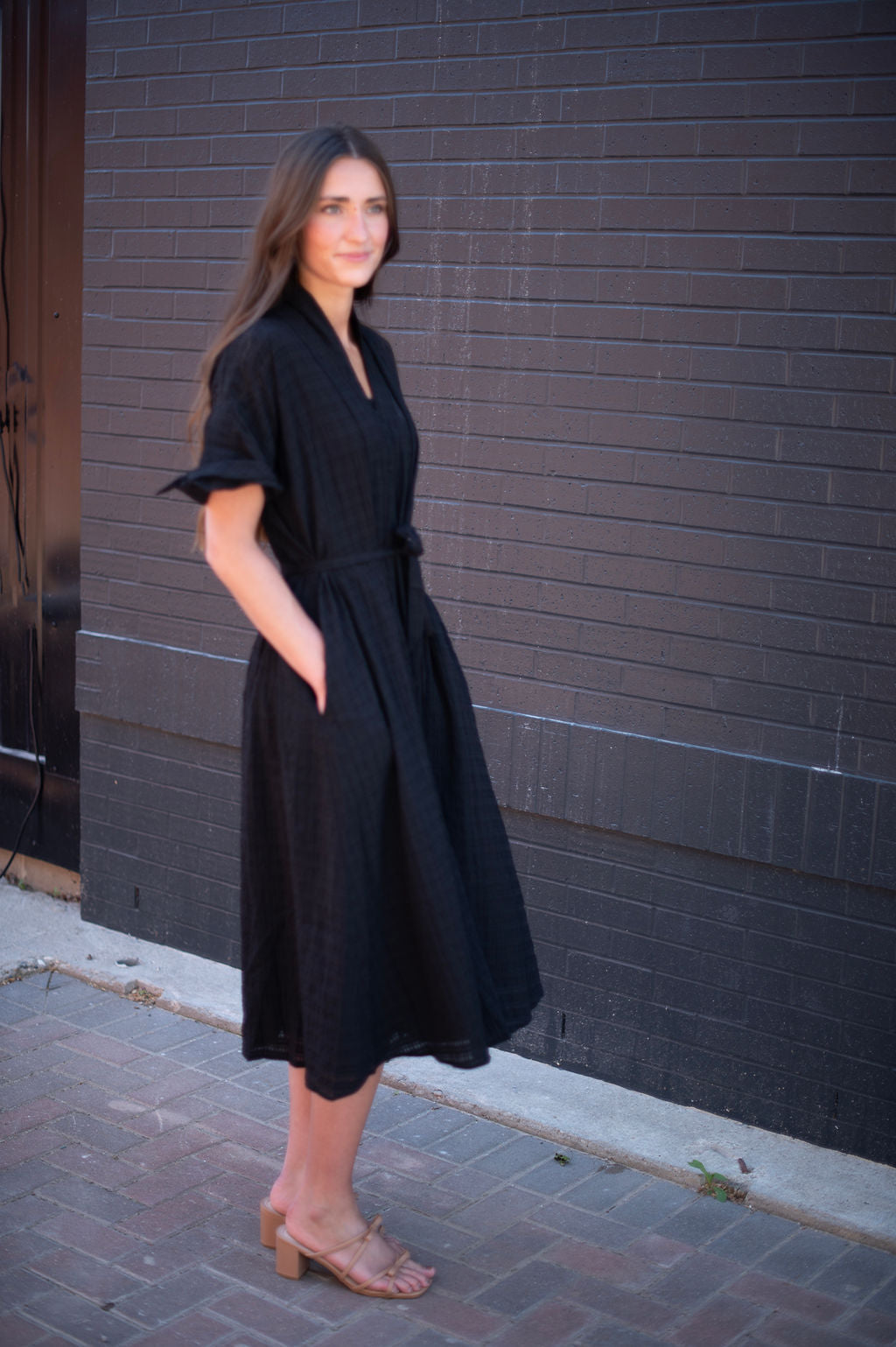 Black Elbow Sleeve Gauze Midi Dress