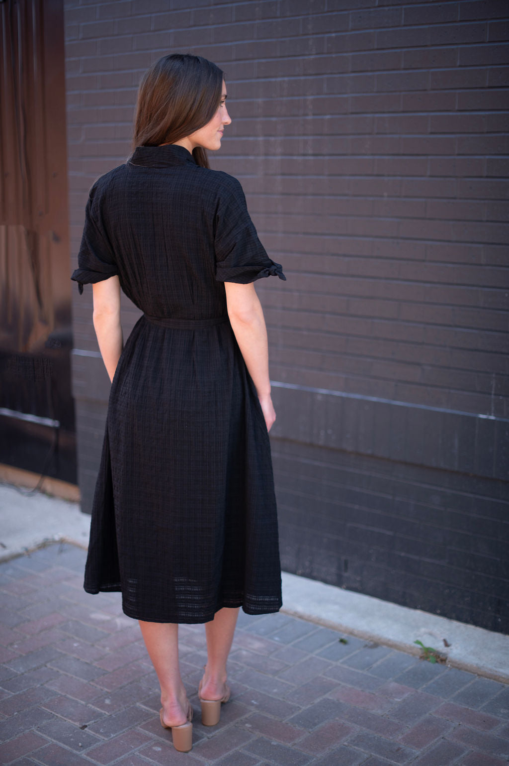 Black Elbow Sleeve Gauze Midi Dress