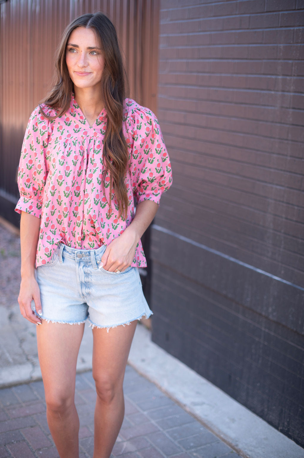 Pink Floral V Neck Blouse