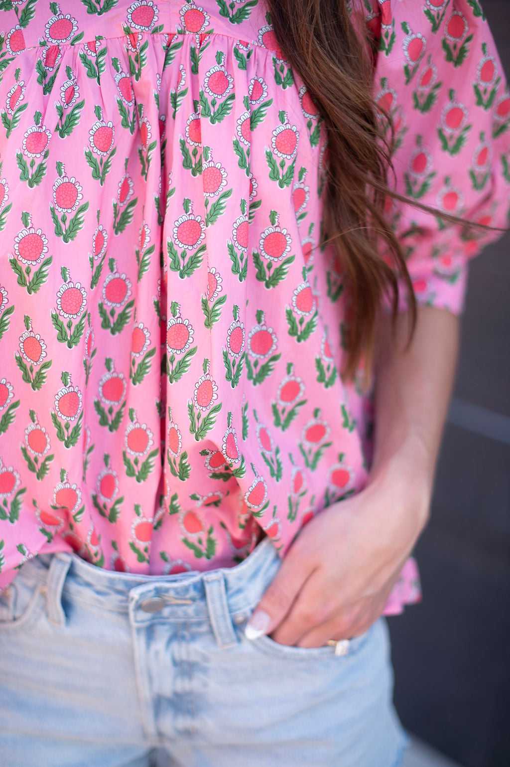 Pink Floral V Neck Blouse