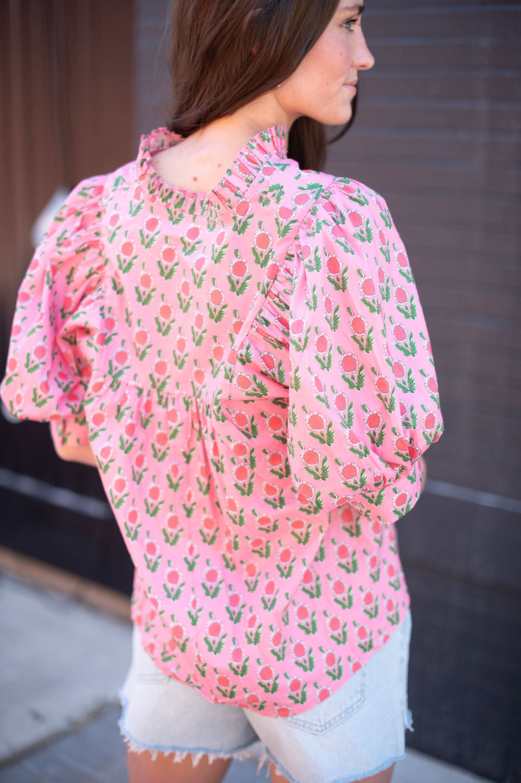 Pink Floral V Neck Blouse