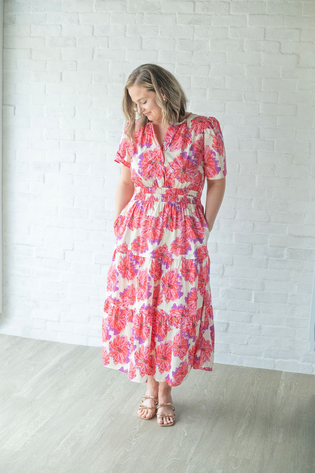 Coral Floral Elbow Sleeve Midi Dress