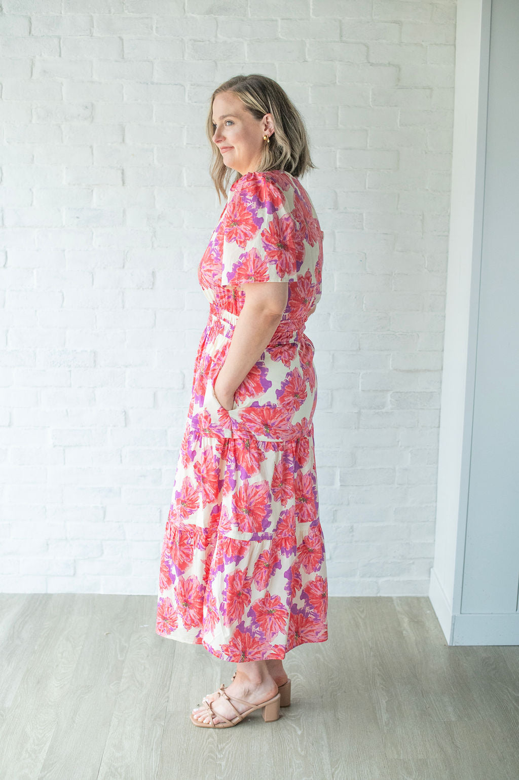 Coral Floral Elbow Sleeve Midi Dress