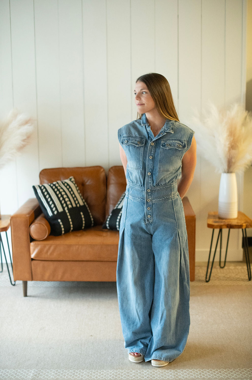 Denim Buttoned Wide Leg  Jumpsuit