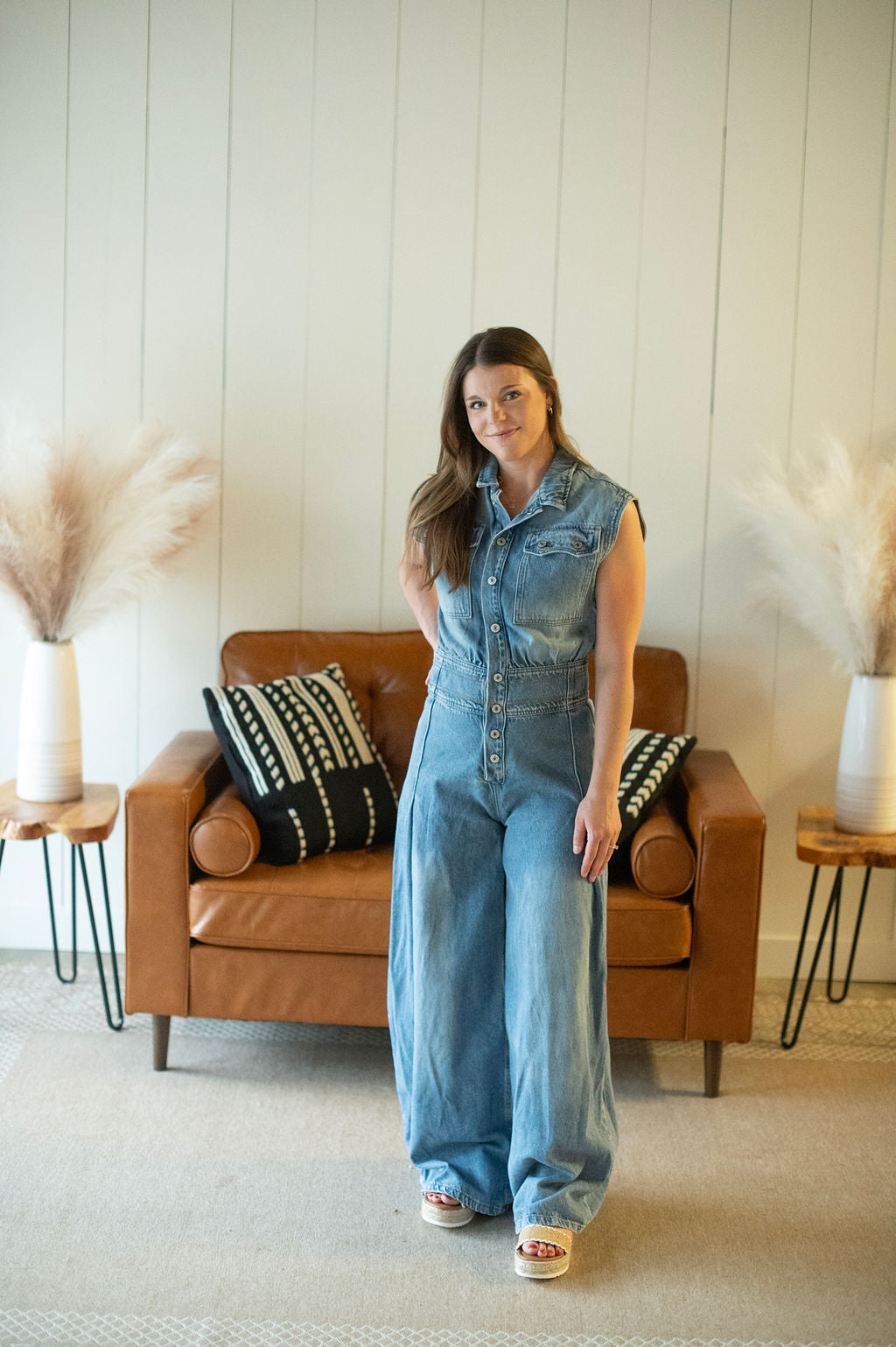 Denim Buttoned Wide Leg  Jumpsuit