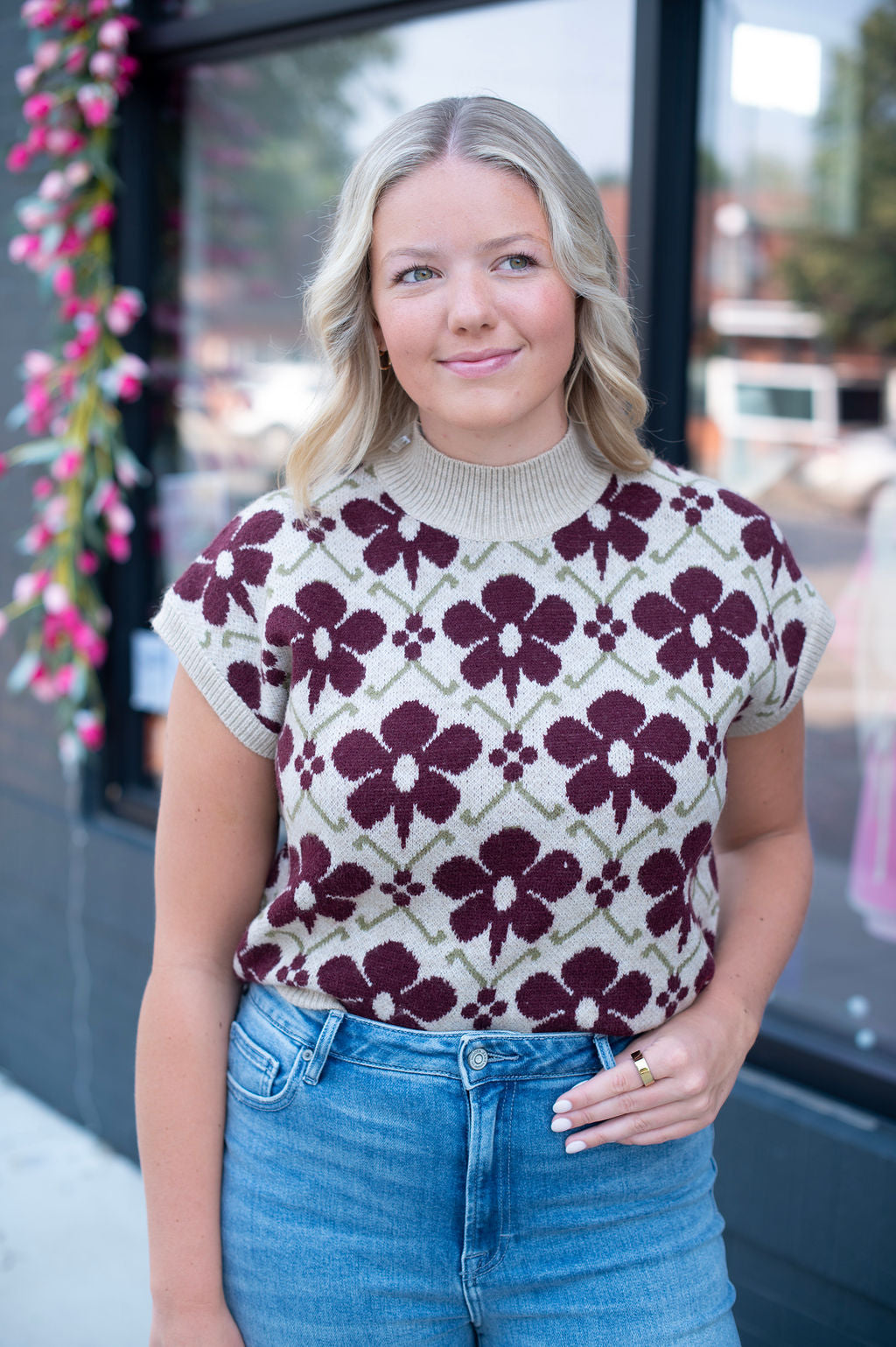 Wine Floral SS Cream Sweater Vest