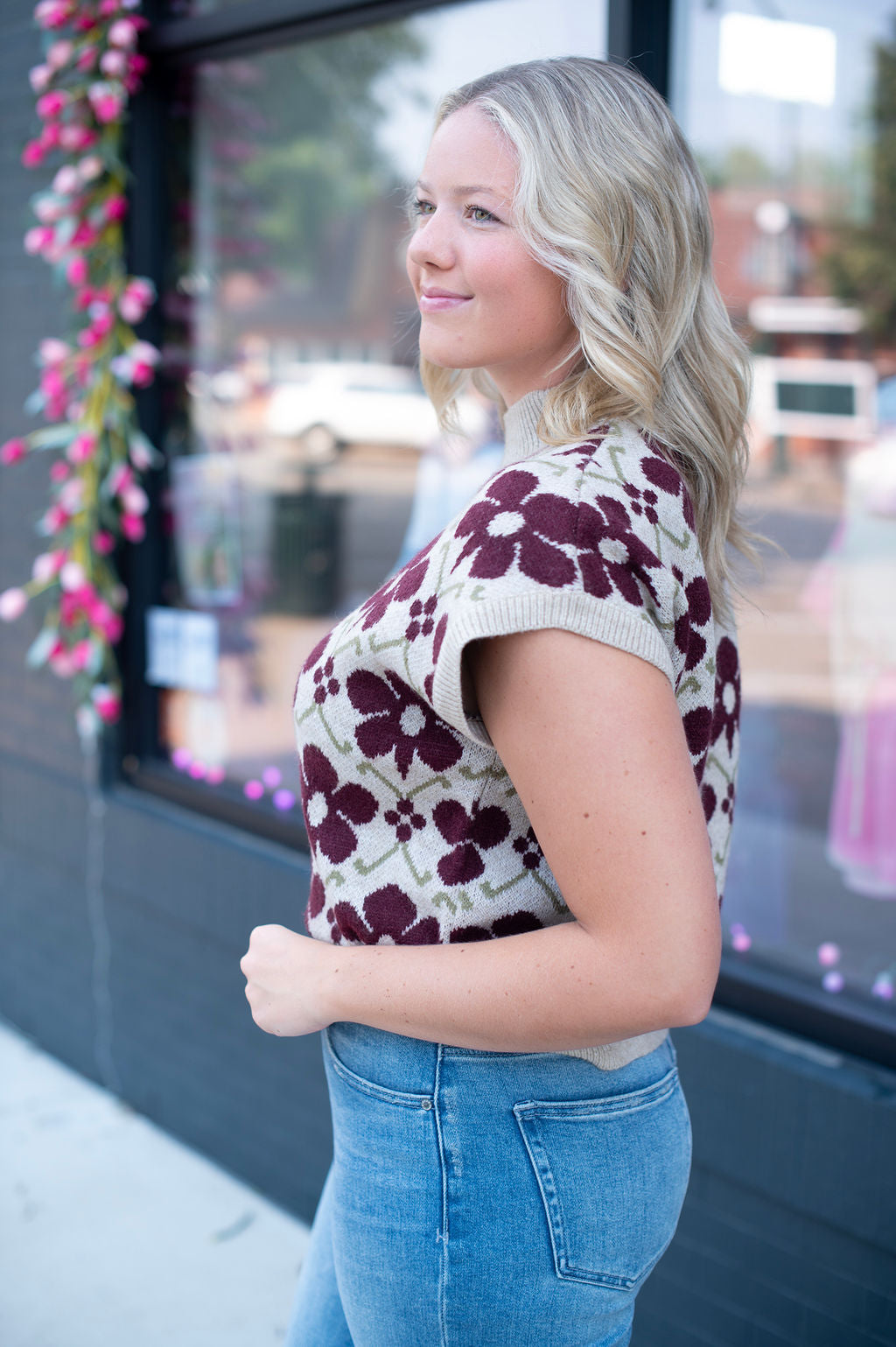 Wine Floral SS Cream Sweater Vest