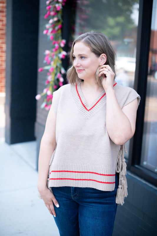 Taupe + Red Tie Sweater Vest