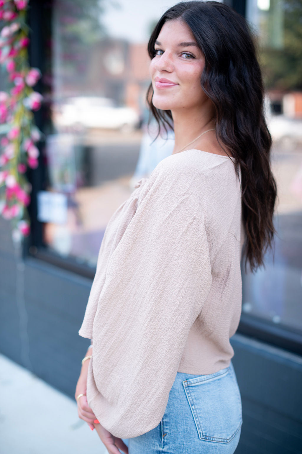 Sandstone Woven Tie Blouse