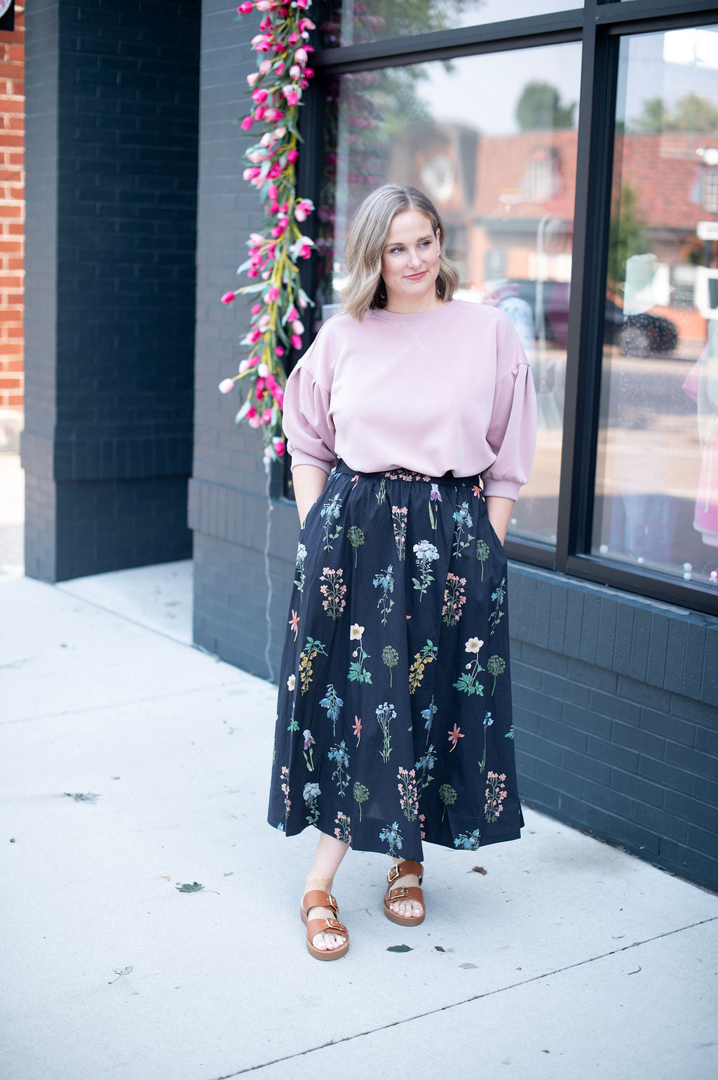 Black Floral Printed Midi Skirt