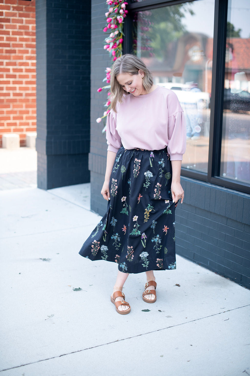 Black Floral Printed Midi Skirt