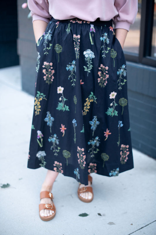 Black Floral Printed Midi Skirt