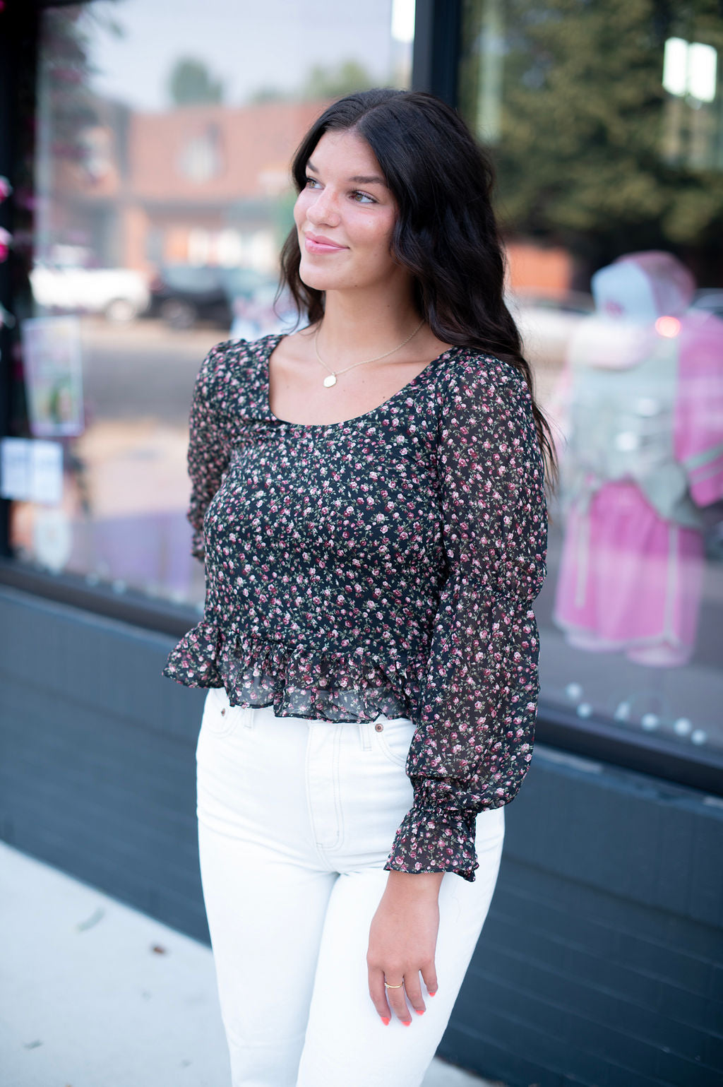 Black Floral Peplum Sheer Blouse