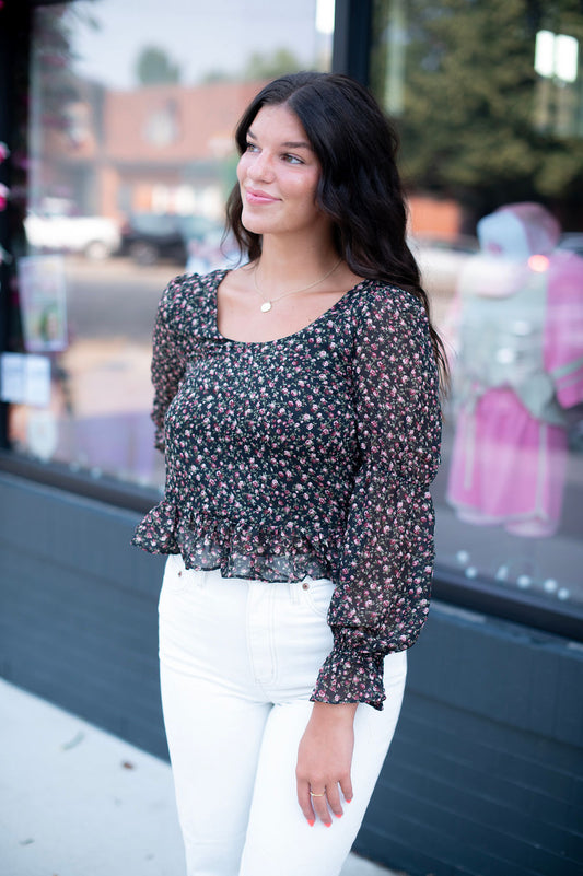 Black Floral Peplum Sheer Blouse