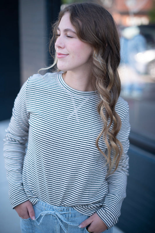 White + Black Long Sleeve Striped Tee