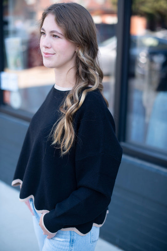 Black + Mocha Scalloped Hem Sweater