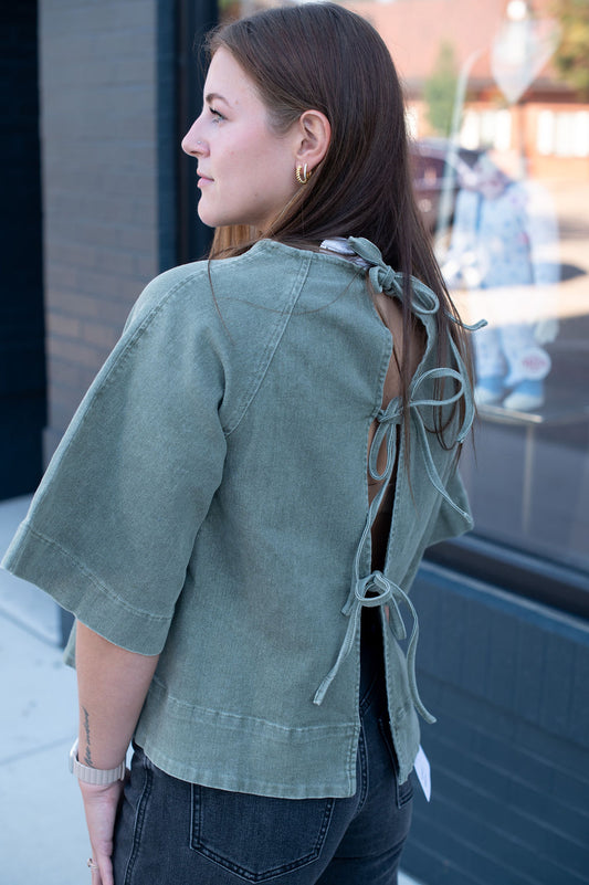 Ash Green Stretch Denim Tie Back Detail Blouse