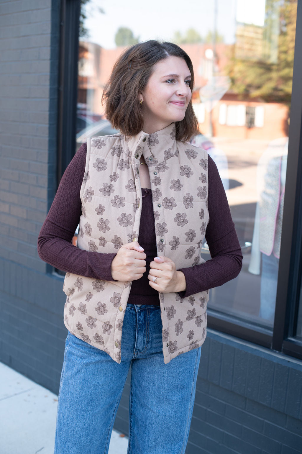 Maroon Floral Zip Vest