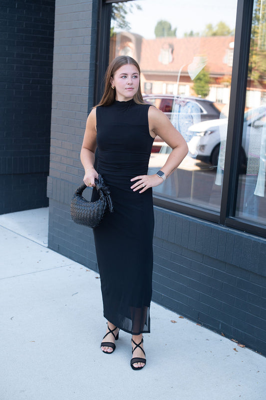 Black Mock Neck Ruched Midi Dress