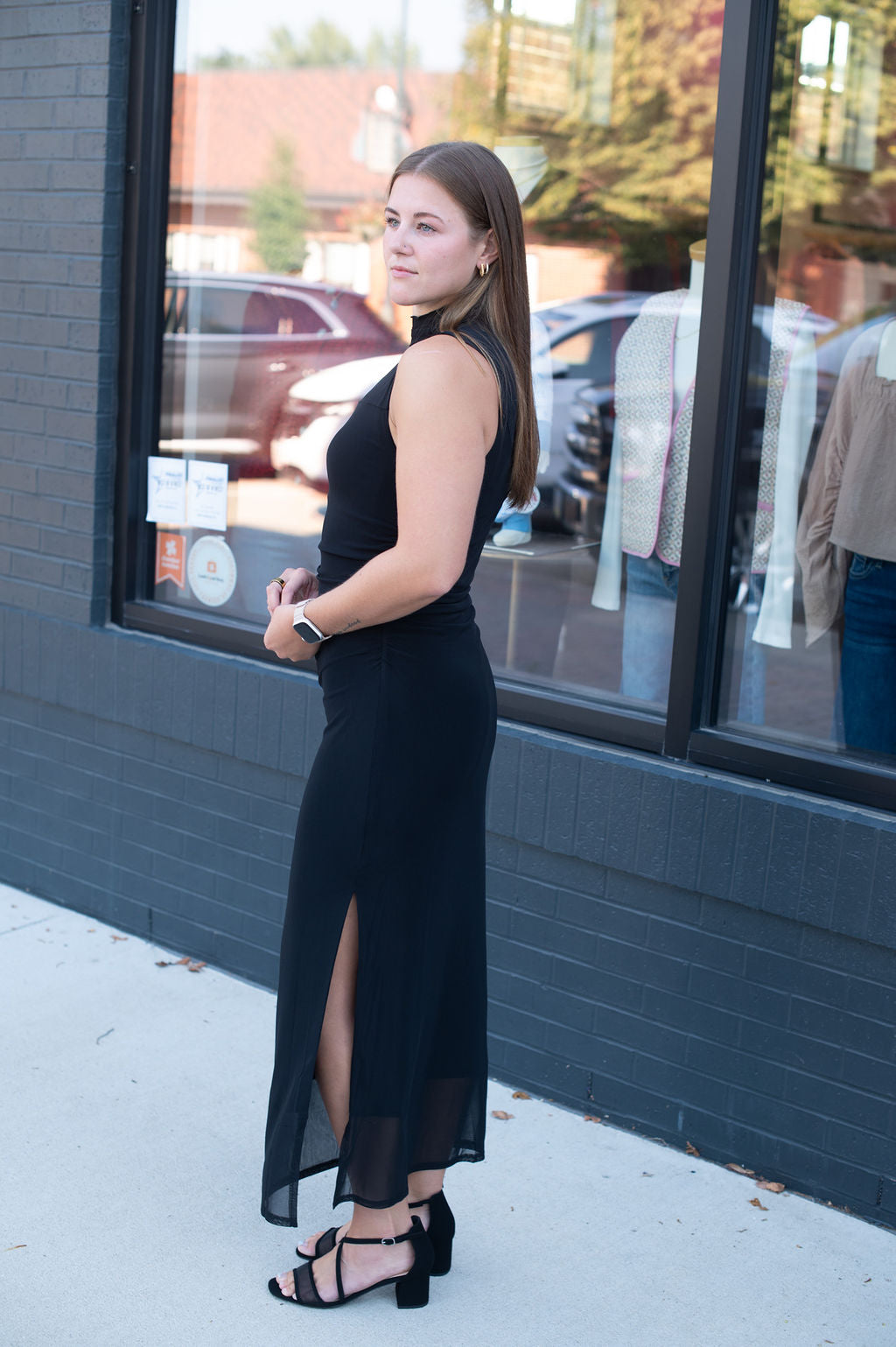 Black Mock Neck Ruched Midi Dress