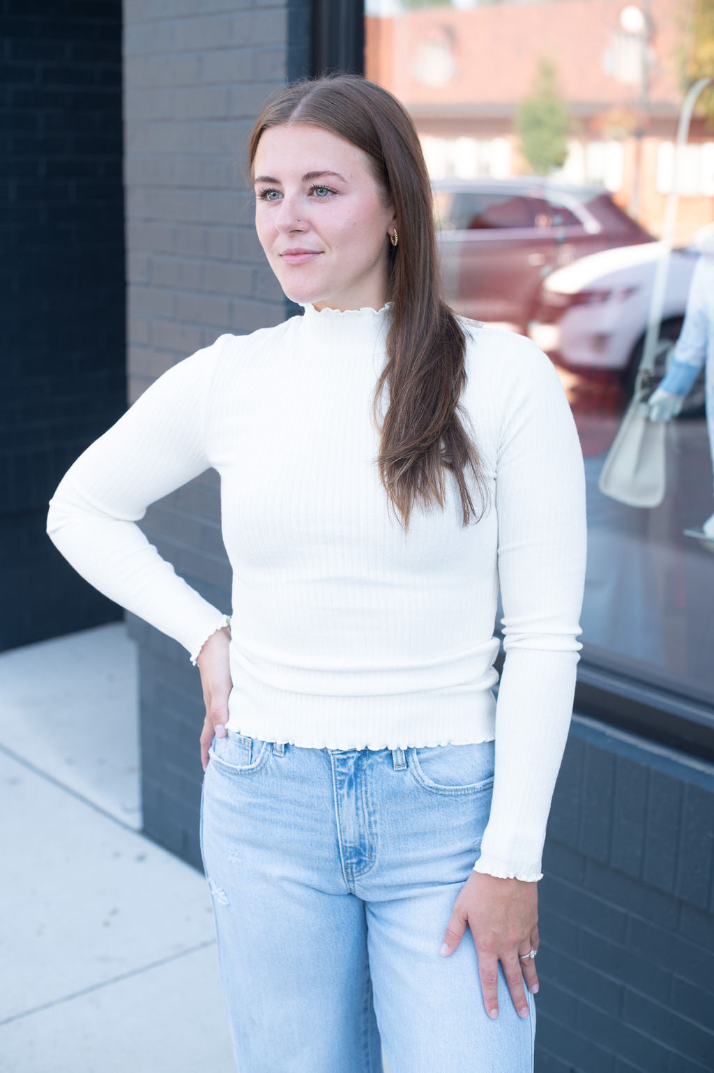 Cream Scalloped Knit LS Top