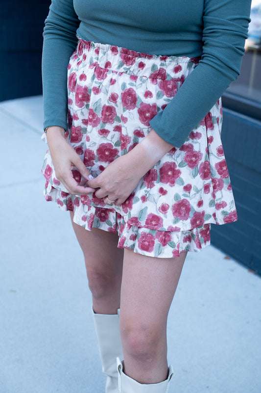 Floral Print Layered Ruffle Hem Mini Skirt