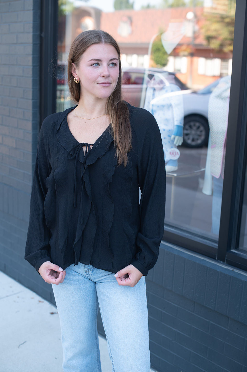Black Ruffle LS Blouse