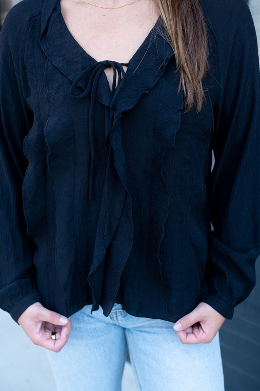 Black Ruffle LS Blouse