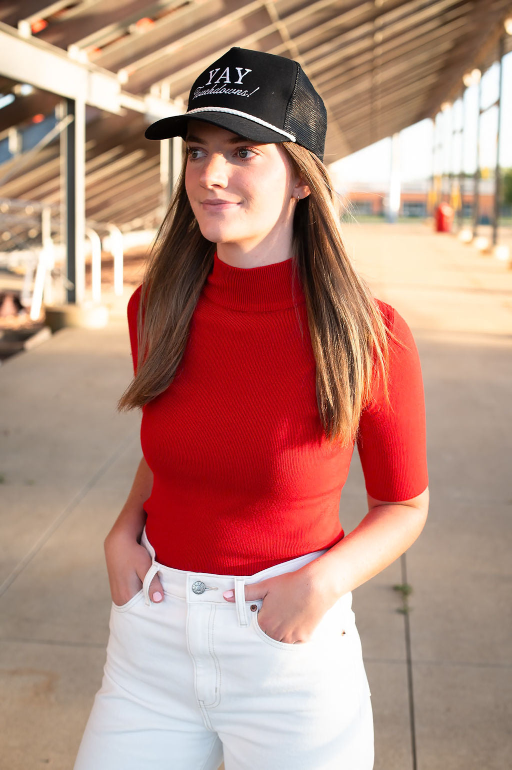 Red Basic Elbow Sleeve Top