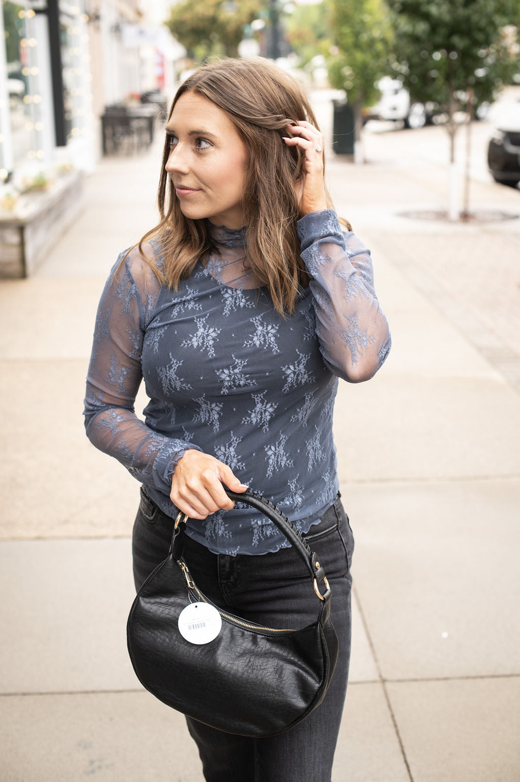 Blue Lace Mock Neck Top