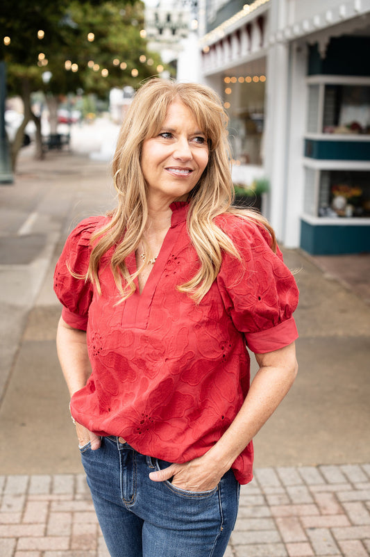 Red Eyelet SS  Blouse