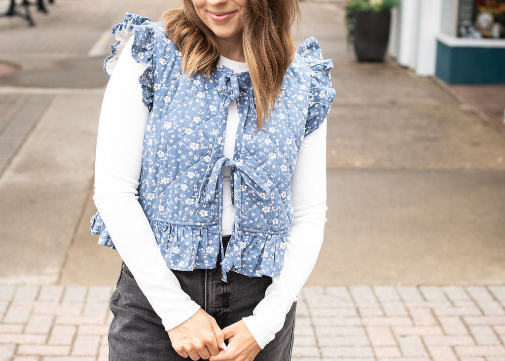 Blue Denim Floral Tie Vest